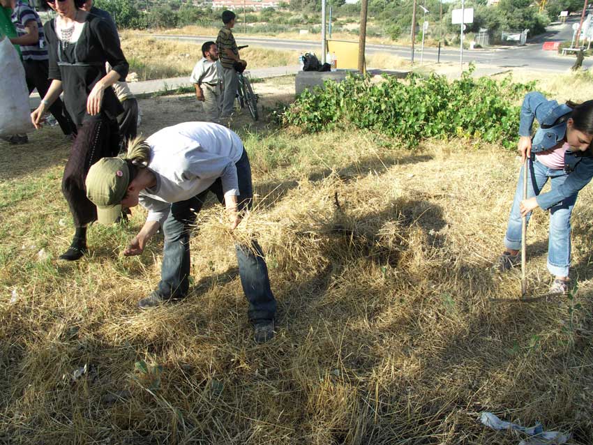 Picking grass and hoeing