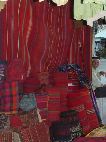 Red fabric and a man